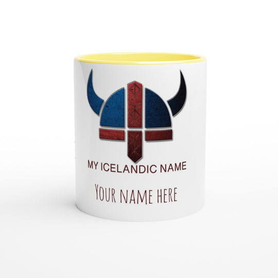 Icelandic name mug, personalized, Ceramic Yellow handle and inside, white exterior fb07199b-16c8-47e4-a1d5-4d5306f275d9