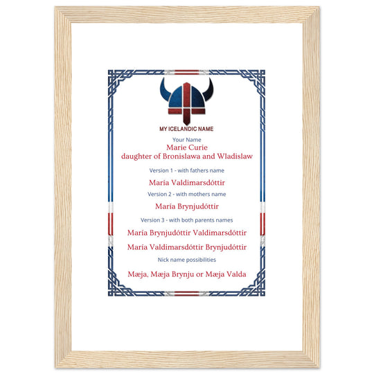 Framed Icelandic name certificate, customizable text, wooden framefe46750d-624b-4c05-917d-c598e710b8a9