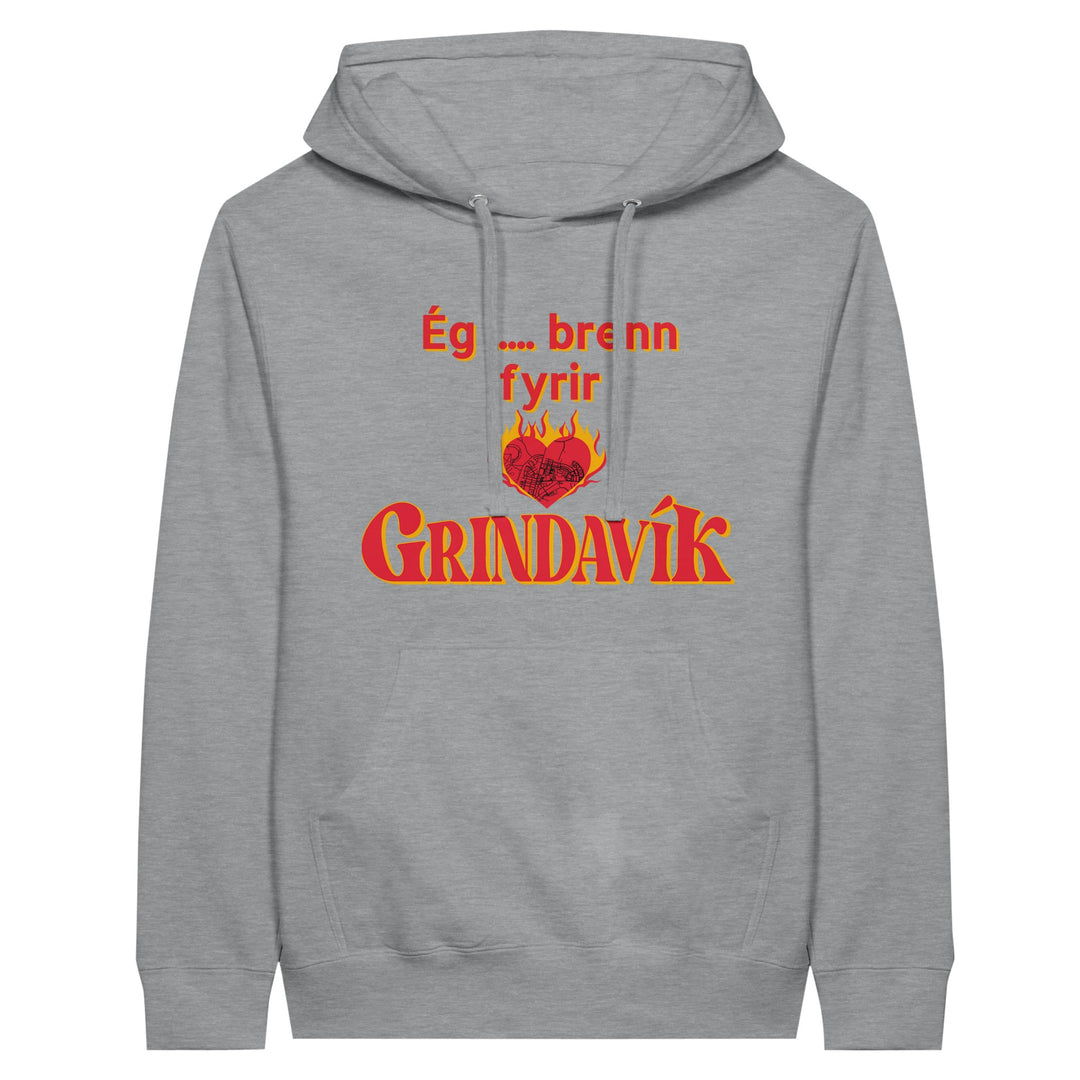 Sports Grey unisex custom hoodie with pouch pocket and I burn for Grindavík design