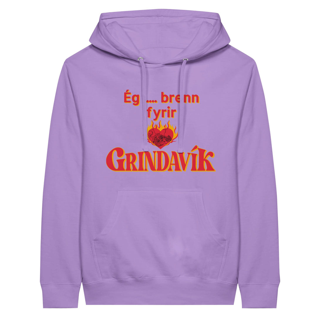 Lavender unisex custom hoodie with pouch pocket and I burn for Grindavík design