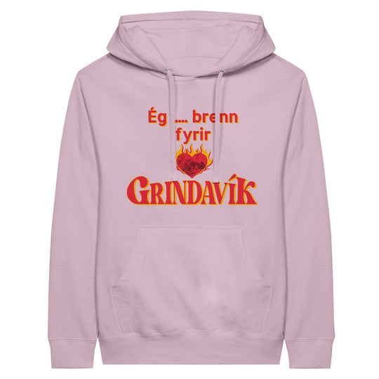 Light Pink unisex custom hoodie with pouch pocket and I burn for Grindavík design