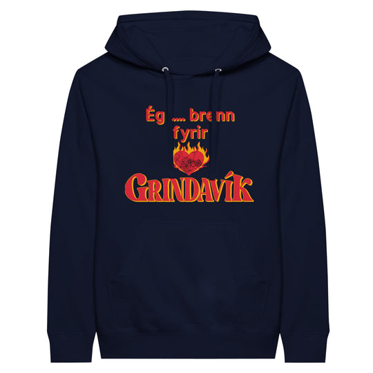 Navy unisex custom hoodie with pouch pocket and I burn for Grindavík design