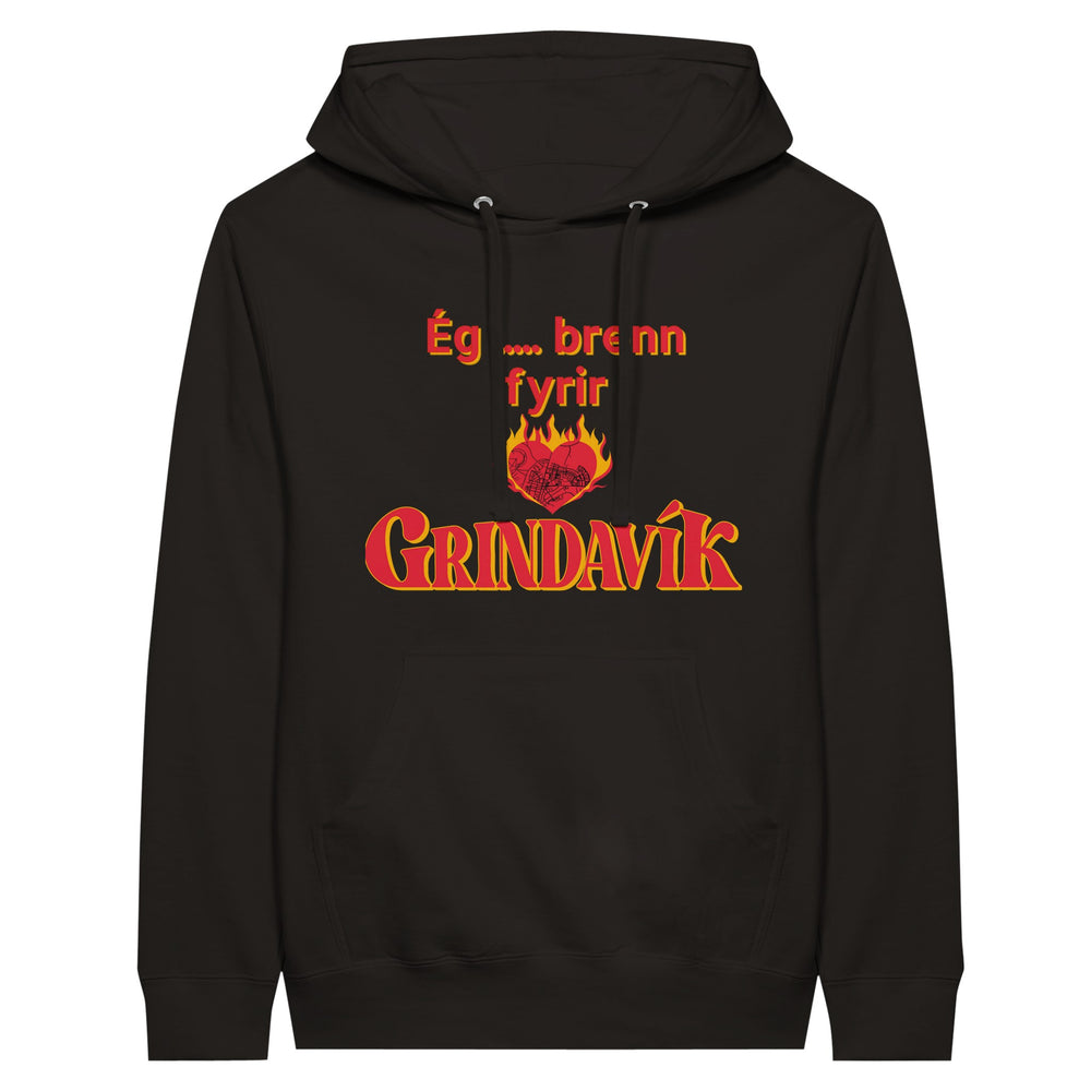 Black unisex custom hoodie with pouch pocket and I burn for Grindavík design
