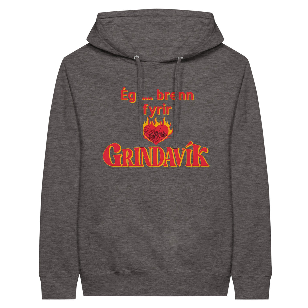 Charcoal Heather unisex custom hoodie with pouch pocket and I burn for Grindavík design